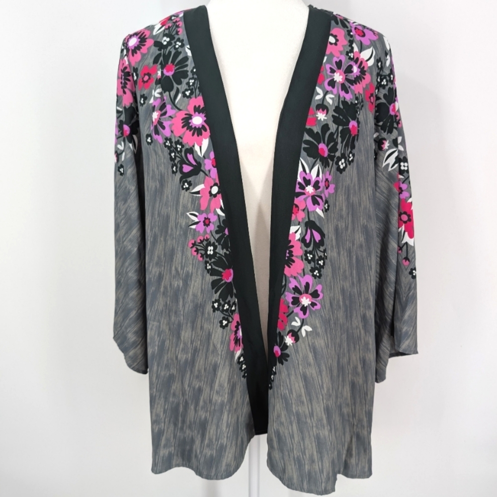 Bob Mackie Wearable Art Gray Pink Floral Kimono Open Front Cardigan Large